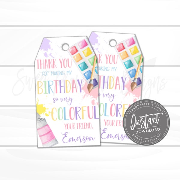 Thank You Favor Tag Template, Art Party Pastel Thank You Tag, DIY Paint Party Colorful Birthday Tag Printable, Instant Access, Edit Yourself