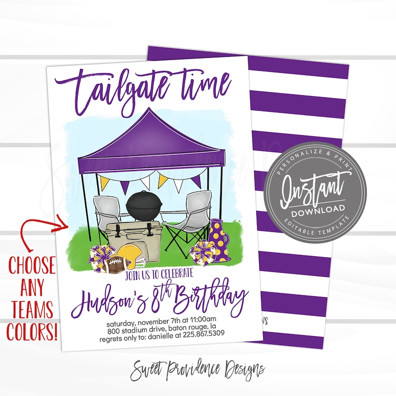 May include: Purple and gold birthday party invitation with a cartoon illustration of a tailgate party. The text reads "Tailgate Time" and "Join us to celebrate Hudson's 8th Birthday".