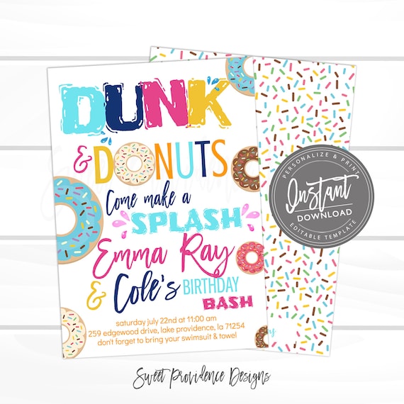 Donut Birthday Invitation, Dunk and Donuts Invite, Editable Pool Birthday, Sibling Party template, Printable Instant Access- Edit NOW Il_570xn