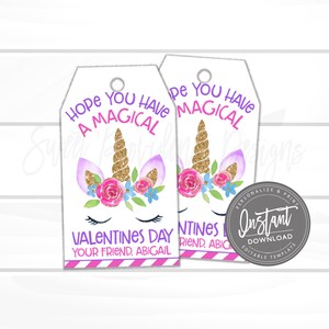 May include: Two white Valentine's Day gift tags with a unicorn design. The tags feature a gold horn, pink roses, and the text "Hope You Have A Magical Valentine's Day". The tags are personalized with the name "Abigail".