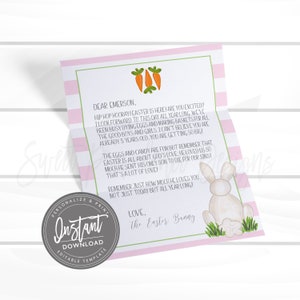 May include: A pink and white striped card with a handwritten letter from the Easter Bunny to Emerson. The letter is about the meaning of Easter and how much God loves us. The card features a watercolor illustration of a bunny with eggs and carrots.