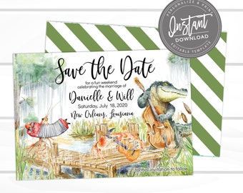 Cajun Swamp Save the Date Invite, New Orleans Bayou Band Shower Invite, Editable Save the Date Card, Louisiana Invitation, Instant Access