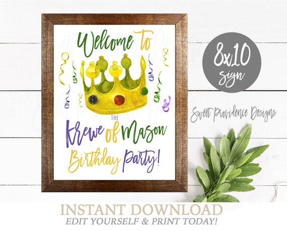 Mardi Gras Welcome Sign, Editable Mardi Gras Birthday Crown Party Print, First Birthday Table Sign, Printable Carnival sign, Instant Access Il_570xn