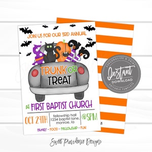Op de afbeelding: Een Trunk or Treat evenementenflyer met een illustratie van een zwarte auto, een kat, een pompoen en een heksenhoed. De tekst bevat JOIN US FOR OUR 3RD ANNUAL TRUNK OR TREAT AT FIRST BAPTIST CHURCH, OCT 29TH, 1234 BAPTIST LANE, MONROE, LA @ 5PM, FAMILY, FOOD, FELLOWSHIP, FUN.