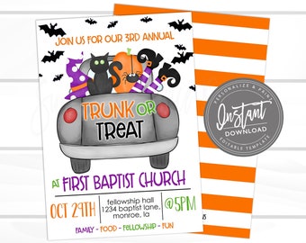 Halloween Trunk or Treat Invitation, Printable Church or School flyer, Halloween Invite Template, EDITABLE INSTANT ACCESS- Edit now