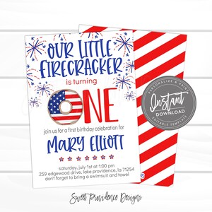 May include: A red, white, and blue birthday invitation with a donut decorated with the American flag. The invitation says "Our Little Firecracker is turning One" and includes the name "Mary Elliott".