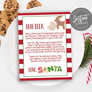 May include: A Christmas-themed letter to Ella, with red and white striped borders, a reindeer cookie illustration, and the text "Dear Ella, Love, Santa." Chocolate chip cookies and candy canes are also visible.