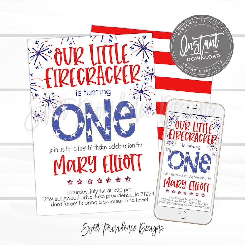 May include: A red, white, and blue birthday invitation for a first birthday party. The invitation features a large number "ONE" with a distressed American flag design. The text "Our Little Firecracker is turning One" is at the top of the invitation. The invitation includes the child's name, Mary Elliott, the date and time of the party, and the address. The invitation also includes the text "Don't forget to bring a swimsuit and towel."