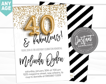 40th Birthday Invitation, Forty and Fabulous Party Invite, Editable 40AF, Black & Gold, Surprise, Printable Instant Access - EDIT NOW