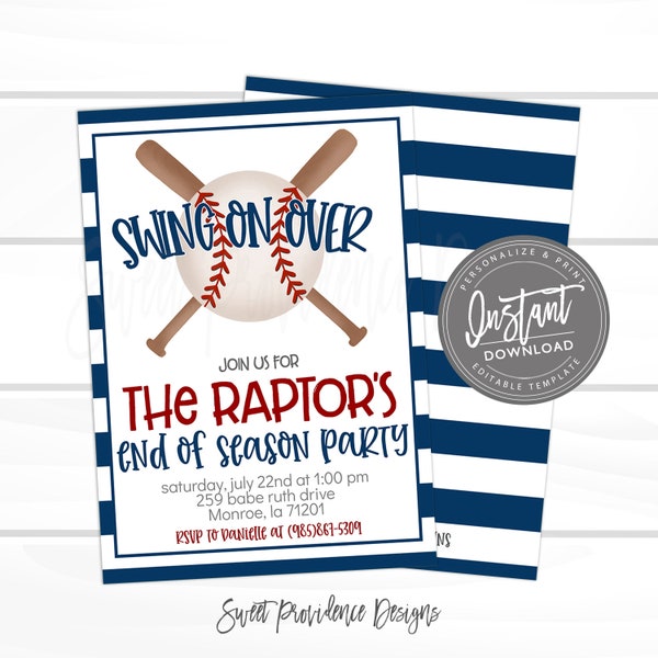 Baseball Invitation, End of Season, Swing on Over, Editable baseball team party, Boy Sports digital Invitation, Printable Instant Access