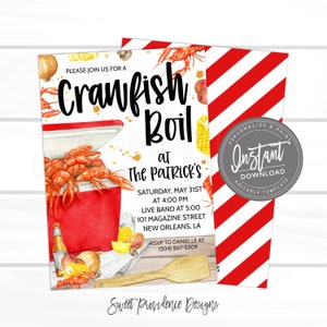 May include: A red and white striped background with a red and white striped envelope. The envelope has a grey circle with the text "Instant Download Editable Template" in white. The front of the envelope has a watercolour illustration of a crawfish boil with the text "Please join us for a Crawfish Boil at The Patrick's Saturday, May 31st at 4:00 PM Live Band at 5:00 101 Magazine Street New Orleans, LA RSVP to Danielle at: (504) 867-5309 Sweet Providence Designs".