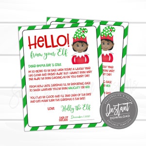 May include: Two printable Christmas-themed letters with green and white striped borders. The letters feature a cartoon elf and the text "HELLO! from your Elf." The letters are personalized and include the date December 1, 2020.