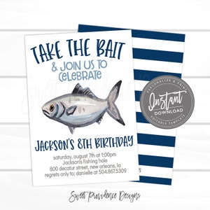 Fishing Birthday Invitation, Fish Theme birthday, Editable Boy Birthday template, take the Bait, Fish Invite, Instant Access,