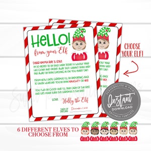 May include: Two printable Christmas Elf letters with red and white striped borders. The letters feature a cartoon elf and the text "HELLO! from your Elf". The image also includes a graphic that says "6 DIFFERENT ELVES TO CHOOSE FROM".