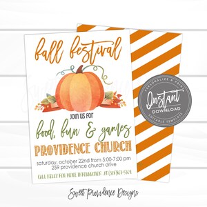 Op de afbeelding: Een herfstfestival uitnodiging met een pompoen illustratie. De uitnodiging bevat de tekst "Fall Festival", "Food, Fun & Games" en "Providence Church". Het ontwerp heeft oranje en witte strepen en een "Personalize & Print" zegel.