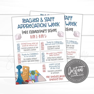 EDITABLE Teacher Appreciation Board Games Week Itinerary, Printable Digital File, Appreciation Schedule Events, Instant Access- Edit Now!