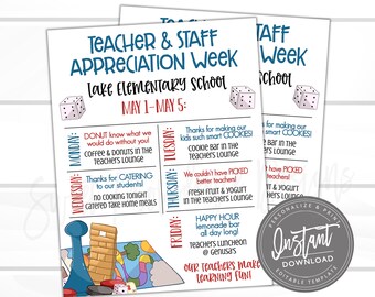 EDITABLE Teacher Appreciation Board Games Week Itinerary, Printable Digital File, Appreciation Schedule Events, Instant Access- Edit Now!