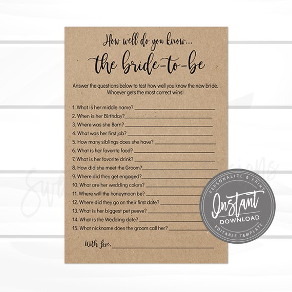 Editable How Well Do You Know the Bride, Who Knows the BRIDE to be best game, Rustic Kraft Bridal Shower Game Printable, Instant Access Il_570xn