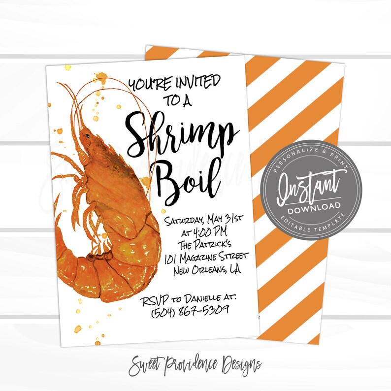 May include: An invitation to a shrimp boil with a watercolor illustration of a shrimp. The invitation includes the date, time, location, and RSVP information. The text reads "You're invited to a Shrimp Boil, Saturday, May 31st at 4:00 PM, The Patrrick's, 101 Magazine Street, New Orleans, LA, RSVP to Danielle at (504) 867-5309, Sweet Providence Designs."