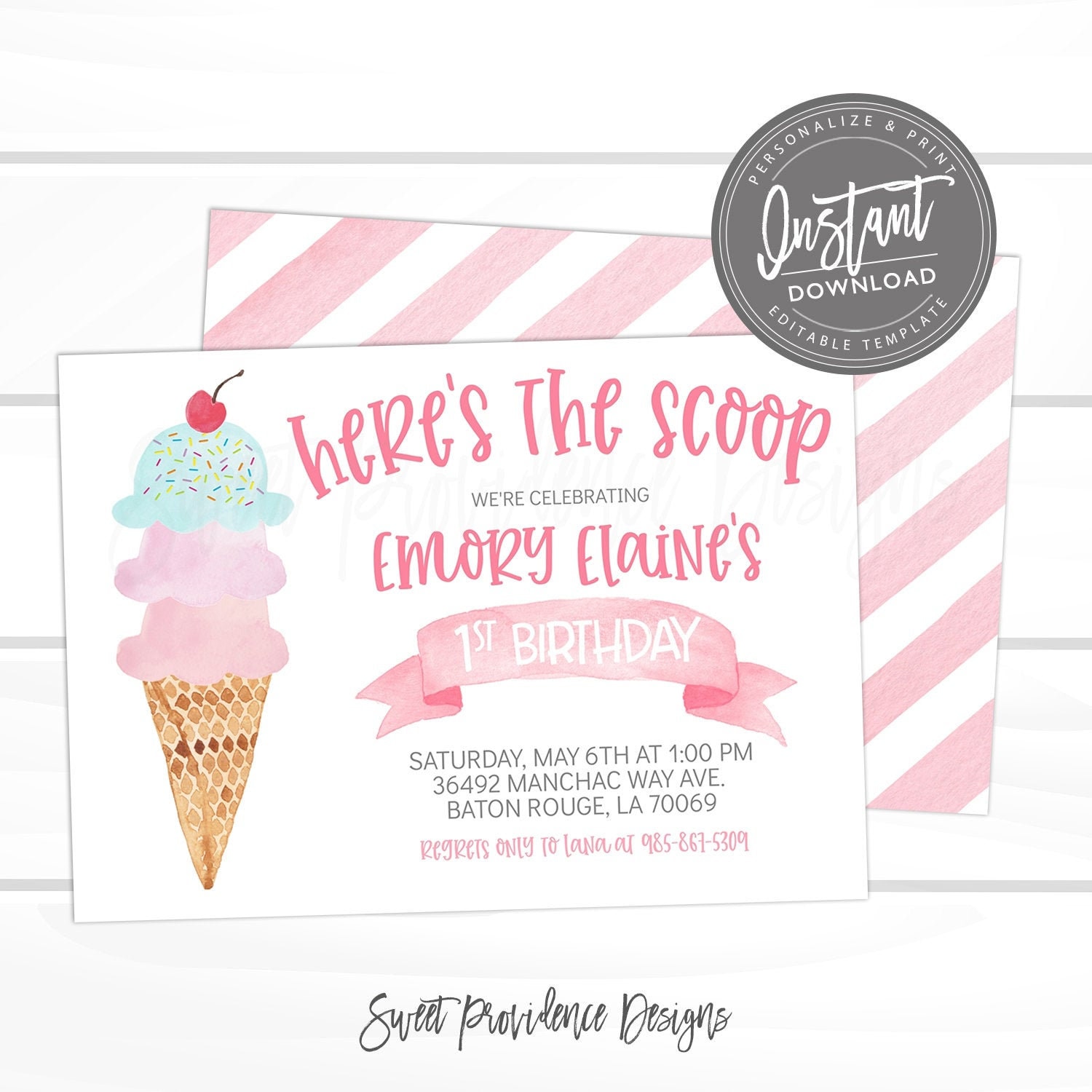 Editable Invitation Template Birthday Invitation Pop on Over Ice Cream Watercolor Popsicle