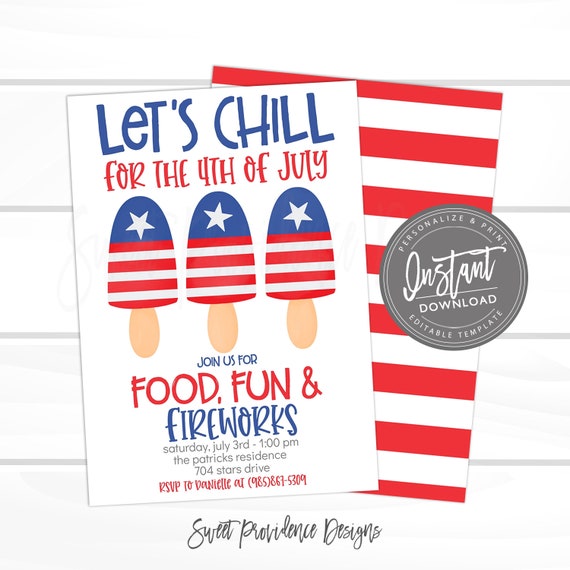 4th of July Invitation, Popsicle Invitation, Editable Let's Chill invite, red white blue Invite, printable Instant Download, EDIT NOW Il_570xn