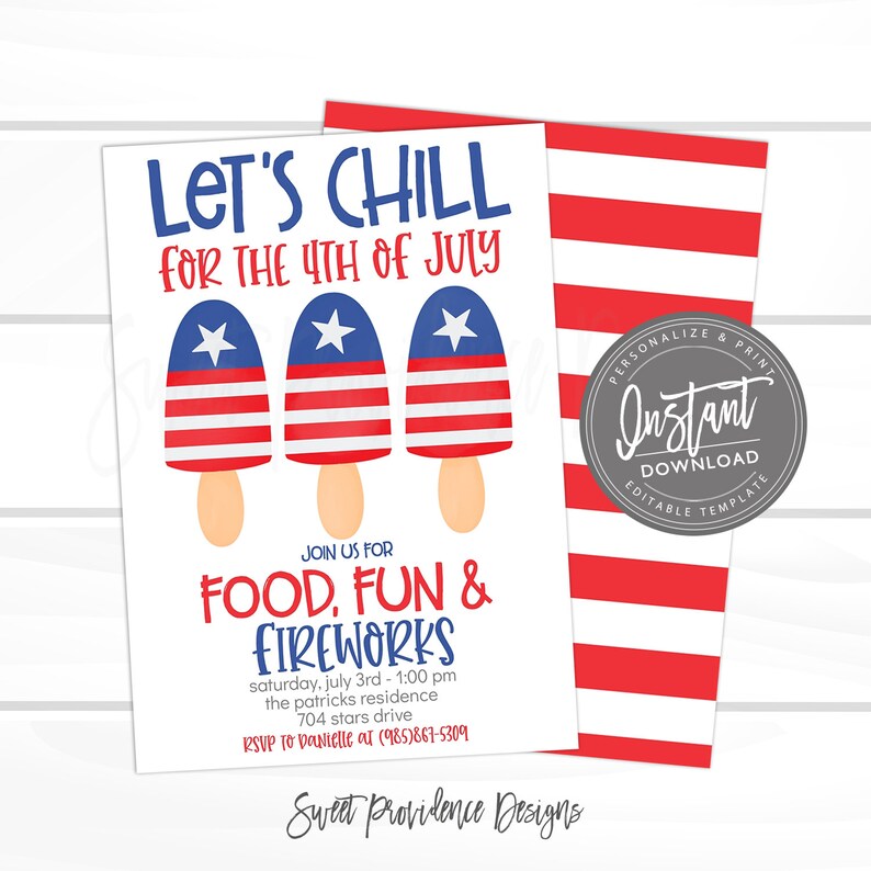 4th of July Invitation, Popsicle Invitation, Editable Let's Chill invite, red white blue Invite, printable Instant Download, EDIT NOW imagen 2