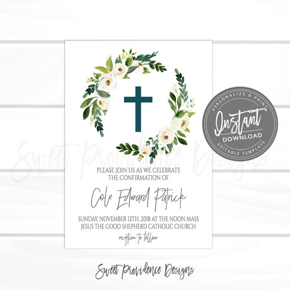 Confirmation Invitation, EDITABLE Christening Invite, Floral Cross Invite, PRINTABLE Neutral Religious Invite, , Instant Access Il_570xn