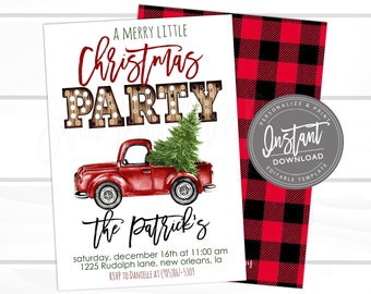 Christmas Invitation, Red Truck Tree, Editable Marquee Christmas Party template, Merry little Christmas Invite buffalo plaid, Instant Access