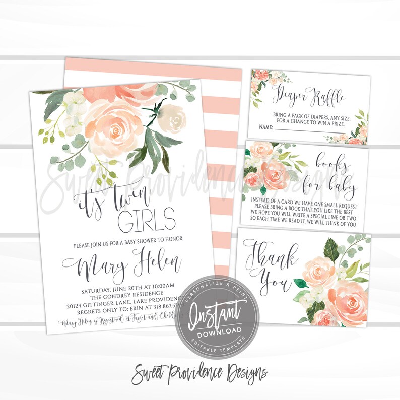 Twin Baby Shower Invitation Kit, Peach Floral Invitation, Editable Baby Shower template, Twins Peach, Instant Access, Sweet Providence image 1