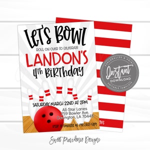 Pode incluir: Um convite de aniversário com tema de boliche para o 4º aniversário de Landon, em um fundo listrado vermelho e branco. O convite apresenta uma bola de boliche e pinos, com o texto "Let's Bowl" e "Roll on over to celebrate Landon's 4th Birthday". O convite também inclui a data, a hora e o local da festa.