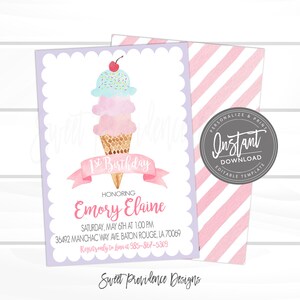 Ice Cream Birthday Party Invitation, First Birthday, Pink Ice Cream Social invitation, Editable Birthday Invite template, Instant Access
