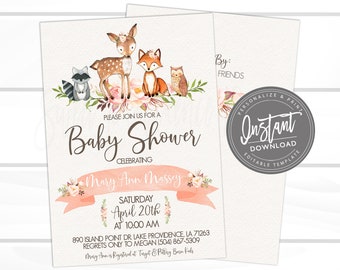 Floral Woodland Animals Baby Shower Invitation, Editable Baby Shower invitation, Girl Woodland Invite, Printable Template Instant Access