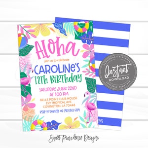 Op de afbeelding: Uitnodiging voor een Aloha-thema verjaardagsfeest met roze flamingo's, palmbomen en kleurrijke bloemen. De uitnodiging luidt "Caroline's 12th Birthday" en bevat de datum, tijd en locatie van het feest.