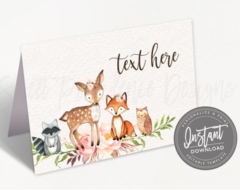 Floral Woodland Animals Food Tent, Editable Baby Shower Place Cards, Folded tent card,  Girl Woodland, Printable Template, Instant Access