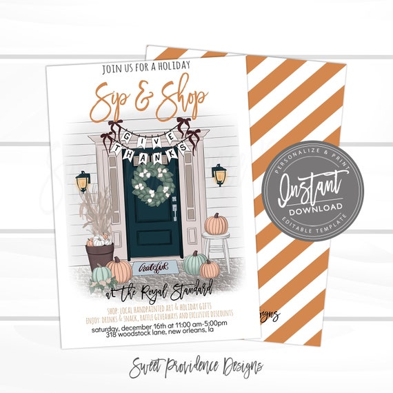 Thanksgiving Pop up Shop Fall Flyer, Editable Sip & Shop Holiday Boutique Invite, Business Open House Shopping flyer template Instant Access Il_570xn