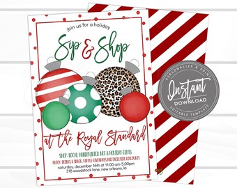 Christmas Flyer, Editable Ornament Sip & Shop Holiday Boutique Invite, Small Business shopping flyer, open house template, Instant Access