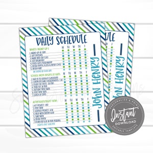 May include: A printable daily schedule for a child with a blue, green and grey striped background. The schedule includes a list of activities for each day of the week, including wake-up time, school work, afternoon/night time, and lights out. The name "John Henry" is printed at the bottom of the schedule.