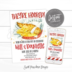 Puede incluir: Una invitación digital imprimible para una fritura de pescado para celebrar a Will y Danielle. La invitación presenta una ilustración de acuarela de una cesta de pescado y patatas fritas con un titular de periódico que dice "They're Hooked!" La invitación incluye la fecha, la hora y la ubicación del evento.