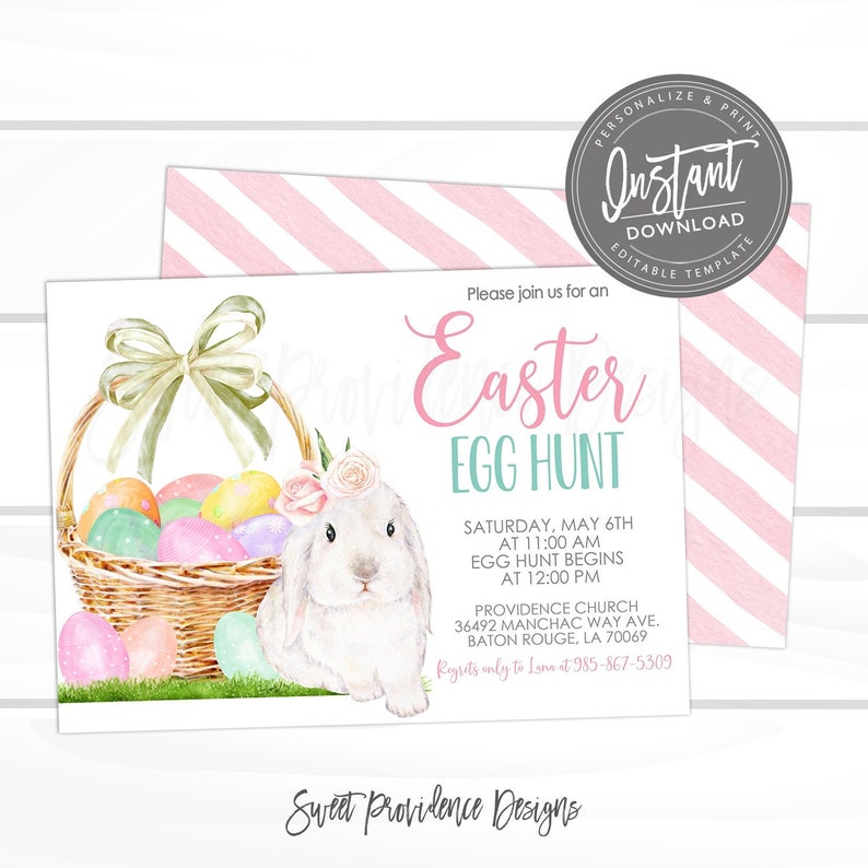 May include: A pink and green Easter egg hunt invitation with a watercolor illustration of a white bunny holding a basket of colorful eggs. The invitation includes the text "Please join us for an Easter Egg Hunt" and details about the event, including the date, time, and location.