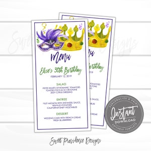 Mardi Gras Menu Card, Masquerade Ball Menu, Editable Mardi Gras Menu, King Cake Party, Fat Tuesday Carnival,  Instant Access