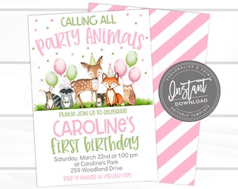 Woodland Birthday, Calling all Party Animals, Deer Birthday Invitation, Pink Woodland Invite, Editable template, Instant Access- Edit Now