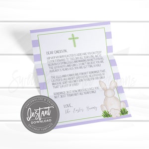 May include: A purple and white striped card with a green cross and a bunny rabbit illustration. The card has a message that reads "Dear Emerson. Hip Hop Hooray! Easter is here! Are you excited? I look forward to this day all year long. We've been busy dying eggs and making baskets for all the good boys and girls. I can't believe you are already 5 years old. You are getting so big! The eggs and candy are fun but remember that Easter is all about God's love. He loved us so much he sent his only son to die for our sins! That's a lot of love! Remember just how much he loves you not just today but all year long! Love. The Easter Bunny."