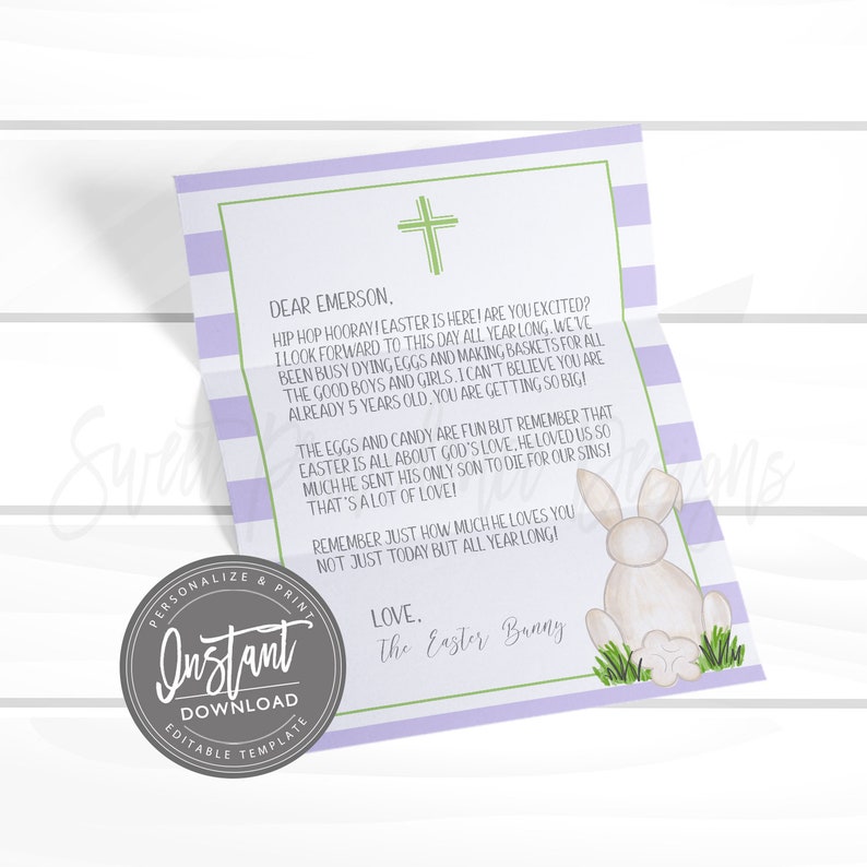 May include: A purple and white striped card with a green cross and a bunny rabbit illustration. The card has a message that reads "Dear Emerson. Hip Hop Hooray! Easter is here! Are you excited? I look forward to this day all year long. We've been busy dying eggs and making baskets for all the good boys and girls. I can't believe you are already 5 years old. You are getting so big! The eggs and candy are fun but remember that Easter is all about God's love. He loved us so much he sent his only son to die for our sins! That's a lot of love! Remember just how much he loves you not just today but all year long! Love. The Easter Bunny."