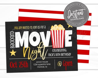 Movie Night Invitation, Birthday Movie party, Virtual Movie Night Invite, Editable template, Sweet Providence, Printable Instant Access