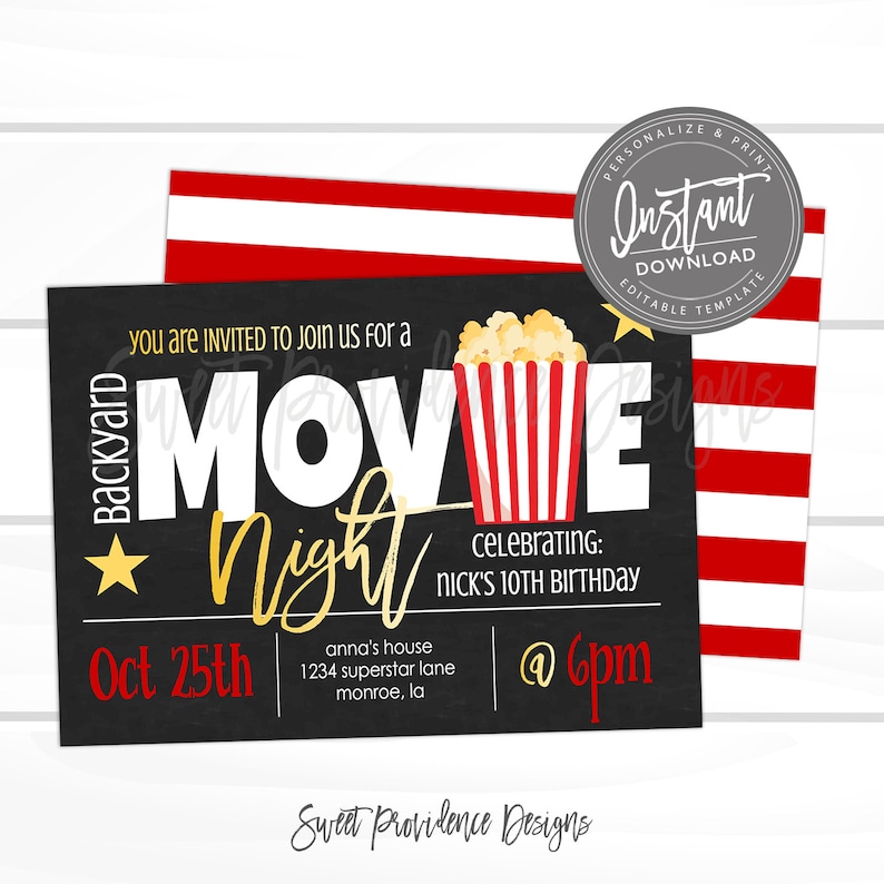 Movie Night Invitation, Birthday Movie party, Virtual Movie Night Invite, Editable template, Sweet Providence, Printable Instant Access image 1