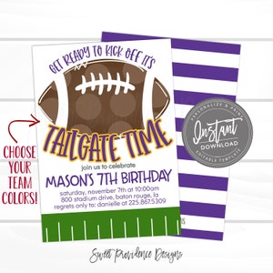 May include: Purple and green football-themed birthday party invitation with the text "Get ready to kick off it's tailgate time" and "Mason's 7th Birthday".