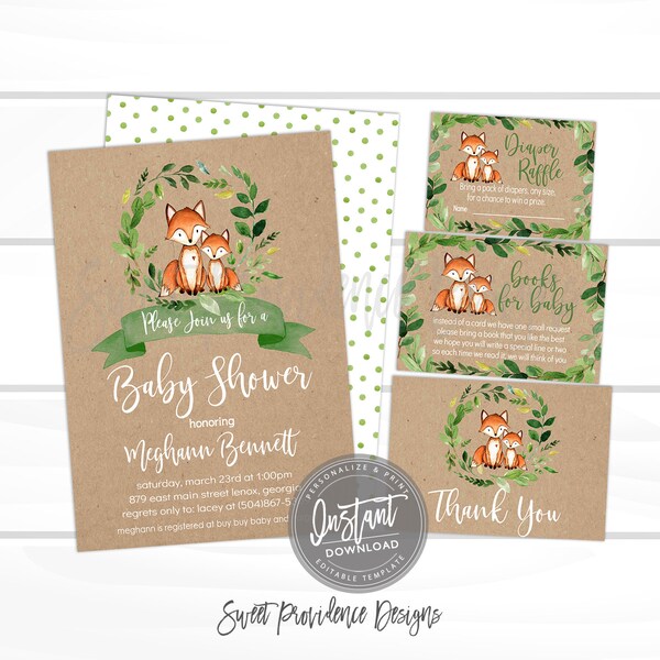 Fox Baby Shower Invitation kit, Woodland Animal Invitation, Editable Fox Baby Shower invite, Printable Invite,  Instant Access