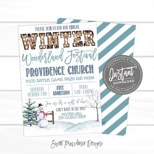 May include: A winter-themed event invitation with the text "Winter Wonderland Festival" in a decorative font. The invitation includes event details, a snowman, and a Christmas tree illustration. The background is white with blue accents.