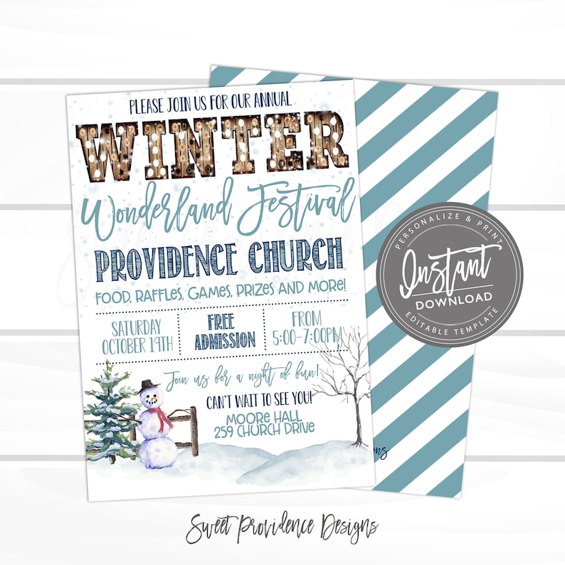 May include: A winter-themed event invitation with the text "Winter Wonderland Festival" in a decorative font. The invitation includes event details, a snowman, and a Christmas tree illustration. The background is white with blue accents.