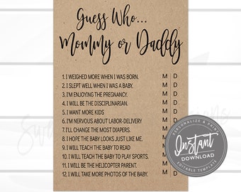 Printable Rustic Baby Shower Mommy or Daddy, Kraft Shower Games, Digital baby game, Editable Baby Shower Game, Instant Access